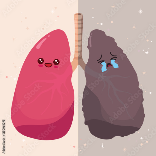 Illustration of lungs featuring a happy healthy lungs face and a sad face lungs with a sorrowful expression, representing the emotional impact of respiratory issues or health concerns