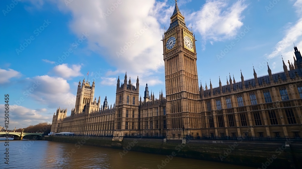 Fototapeta premium Iconic Big Ben Tower in London with Blue Skies and River Reflection : Generative AI
