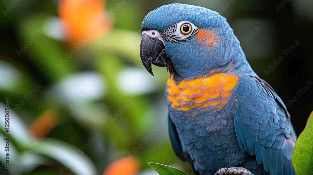 Obraz premium A vibrant blue parrot with orange accents perched among lush green foliage.