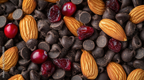 close up of brain boosting trail mix with almonds and chocolate chips