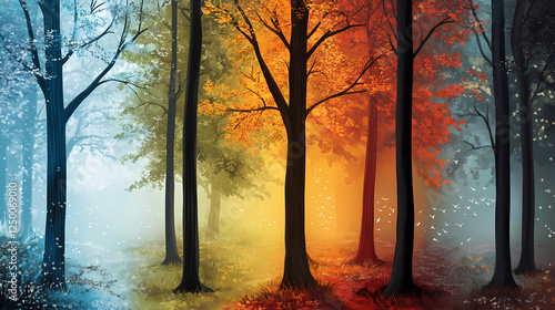 Forest seasonal landscapes, conceptual illustration. Emotion-Driven Landscapes. Illustration photo