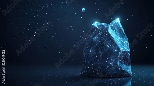 Glowing polygonal crystal on dark background.
