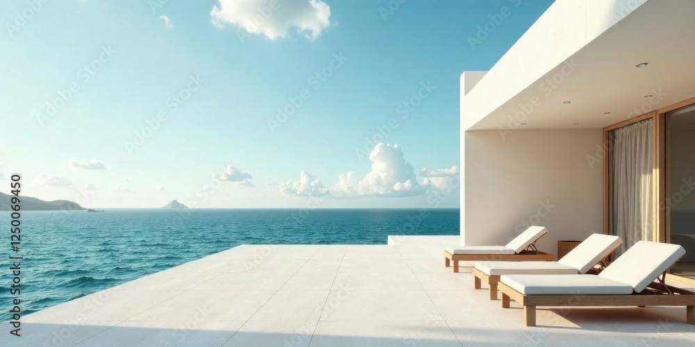 Fototapeta premium Oceanfront Relaxation Modern Minimalist Design with Sun Loungers and Expansive Sea Views