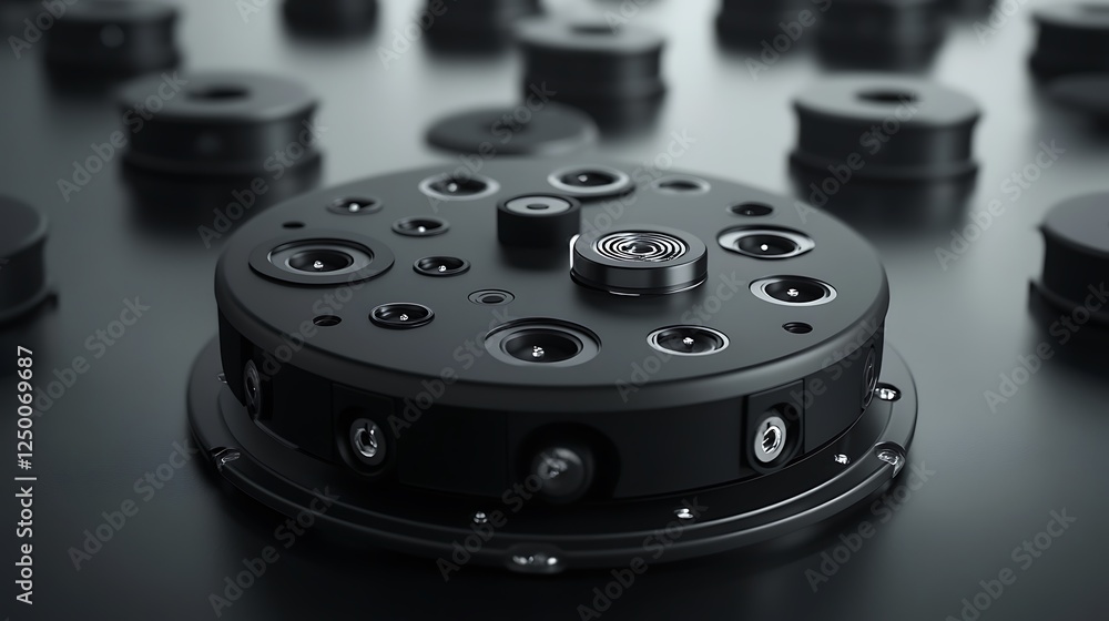 Black robotic component, factory floor Black robotic component, factory floor