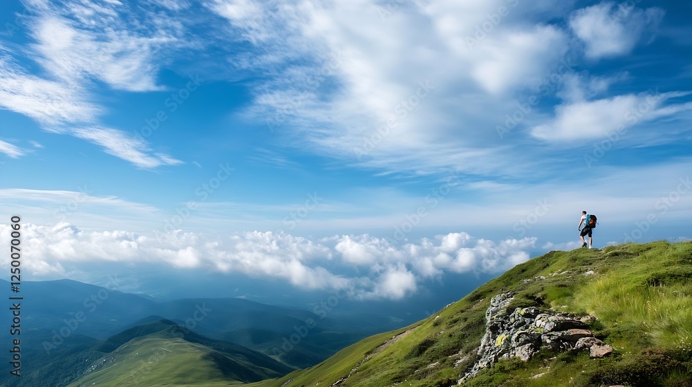 A hiker standing on a mountain peak enjoying breathtaking view of clouds and nature : Generative AI A hiker standing on a mountain peak enjoying breathtaking view of clouds and nature : Generative AI