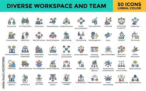 Diverse workspace and team icon set with distributed teams, collaboration tools, flexible work arrangements, team productivity, freelancing icon. Simple lineal color vector 
