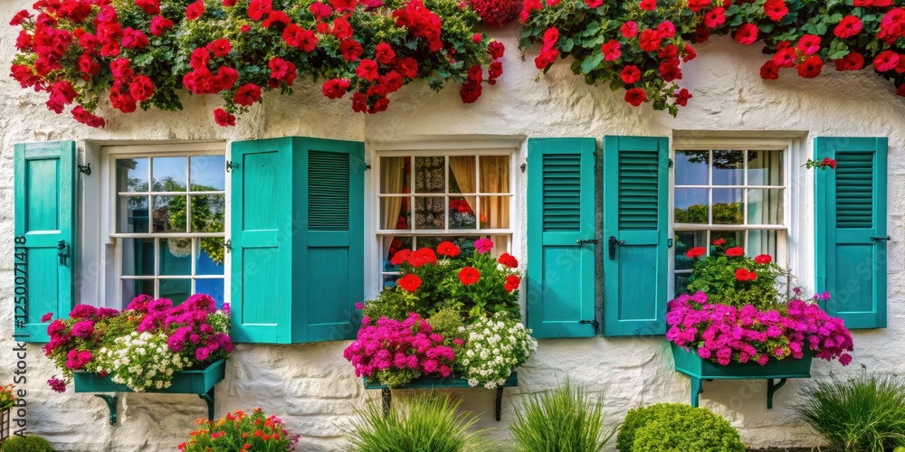 Naklejka premium A charming white cottage, accented by teal shutters, bursts with red and white impatiens.