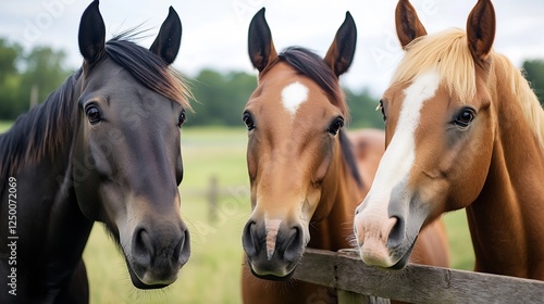 Three Beautiful Horses Standing Together in a Lush Green Pasture Under a Cloudy Sky : Generative AI photo