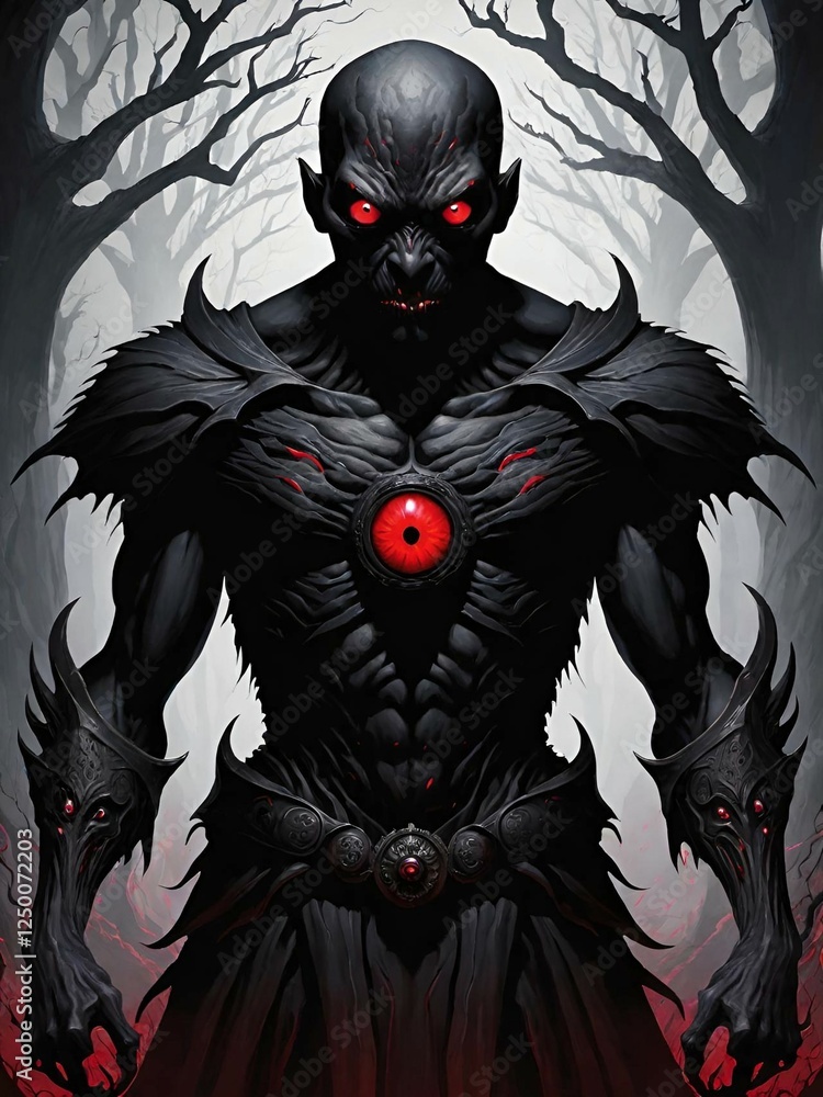black evil monster with red blood in a big eyes. illustration. black evil monster with red blood in a big eyes. illustration.