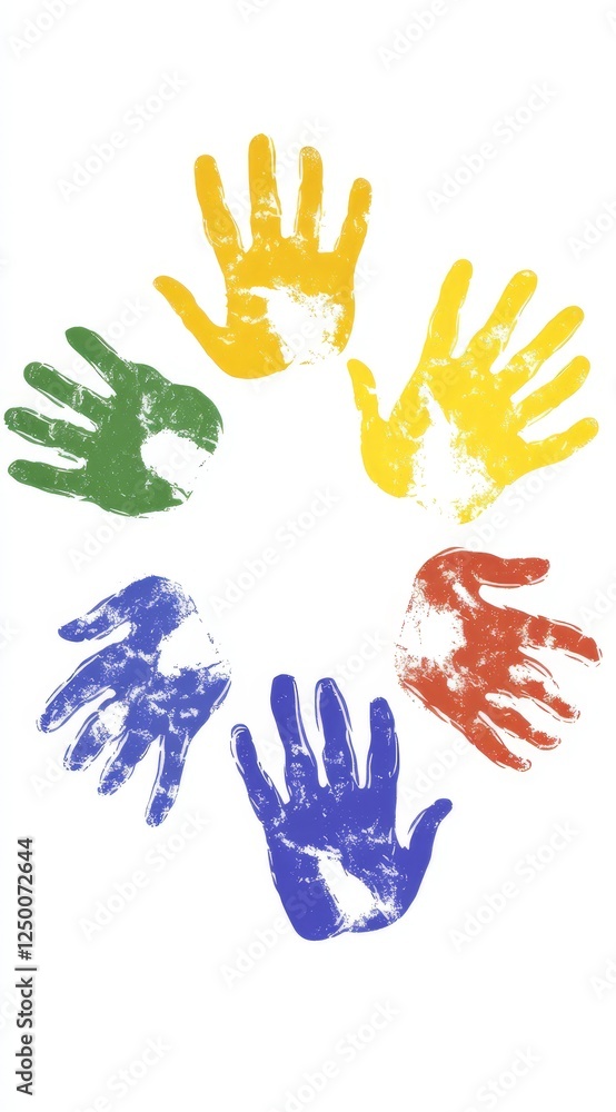 Colorful handprints circle, unity, diversity, children's art Colorful handprints circle, unity, diversity, children's art