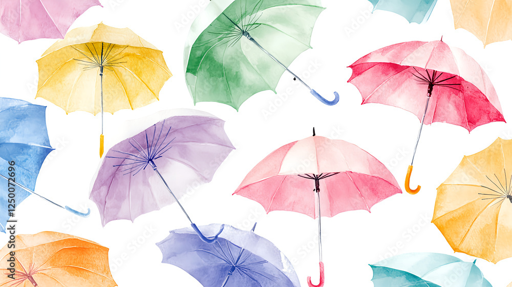 Naklejka premium A seamless pattern of colorful umbrellas, watercolor painting on a white background. 