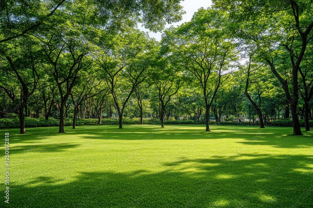 Lush green park with tall trees casting shadows on the vibrant grass field Lush green park with tall trees casting shadows on the vibrant grass field