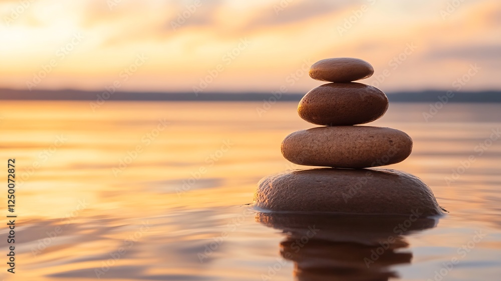 Balanced Stones Stacked on Water Surface at Sunset for Serenity and Relaxation : Generative AI Balanced Stones Stacked on Water Surface at Sunset for Serenity and Relaxation : Generative AI