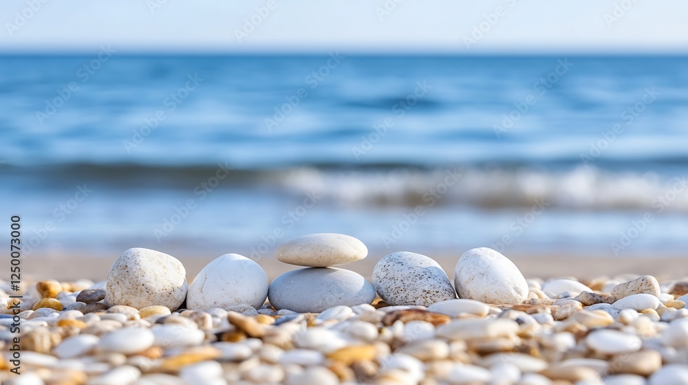 Serene Beach Scene with Smooth Pebbles and Gentle Waves : Generative AI Serene Beach Scene with Smooth Pebbles and Gentle Waves : Generative AI