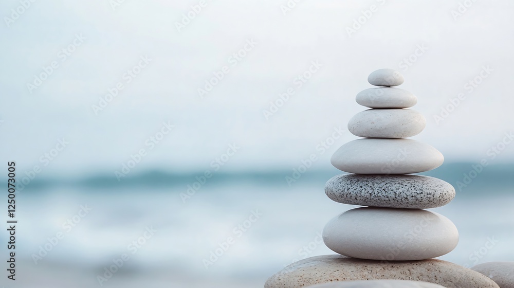 Zen Stone Pyramid Balanced on Shoreline with Soft Waves and Minimalist Vibe : Generative AI Zen Stone Pyramid Balanced on Shoreline with Soft Waves and Minimalist Vibe : Generative AI