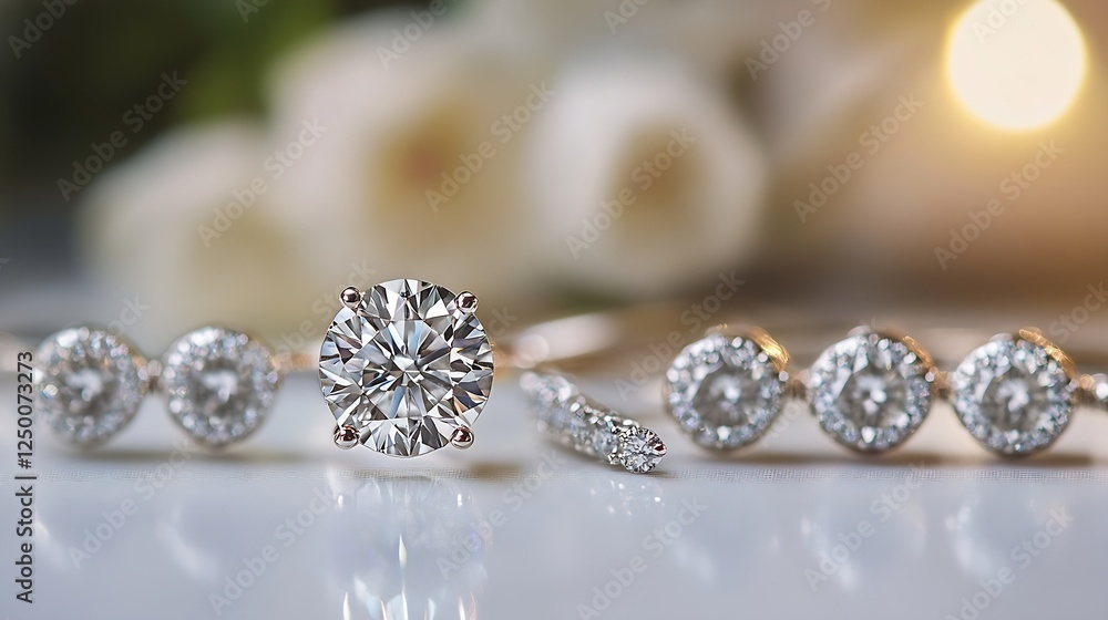 Elegant diamond rings and earrings with sparkling brilliance on a soft background : Generative AI Elegant diamond rings and earrings with sparkling brilliance on a soft background : Generative AI