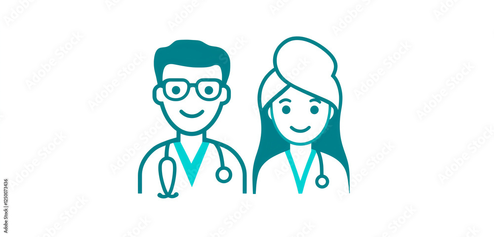 A simple line art illustration of two doctors, one male and the other female. The doctor on the left is wearing glasses with short hair in his late thirties or early forties. He has brown eyes, A simple line art illustration of two doctors, one male and the other female. The doctor on the left is wearing glasses with short hair in his late thirties or early forties. He has brown eyes,