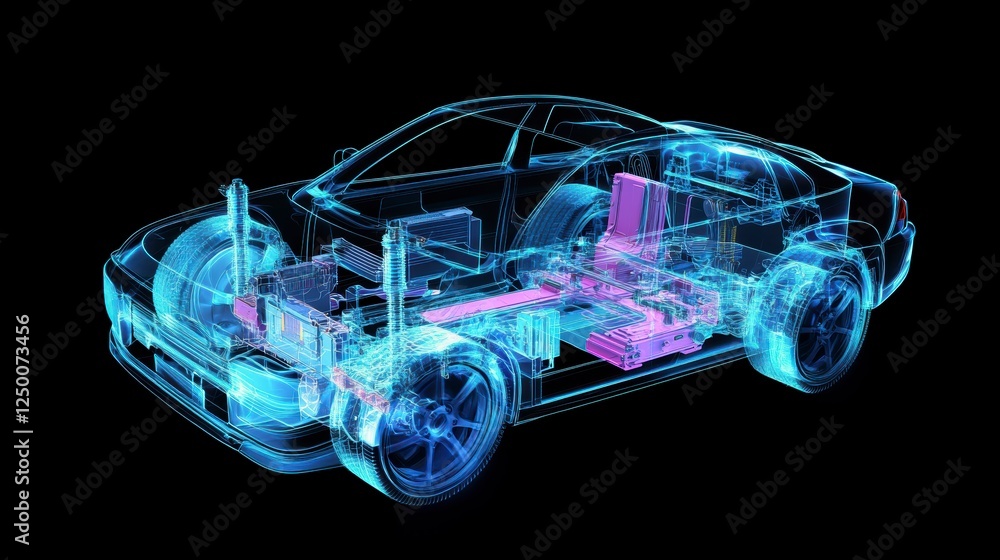 Naklejka premium Futuristic glowing blue neon car on a black background