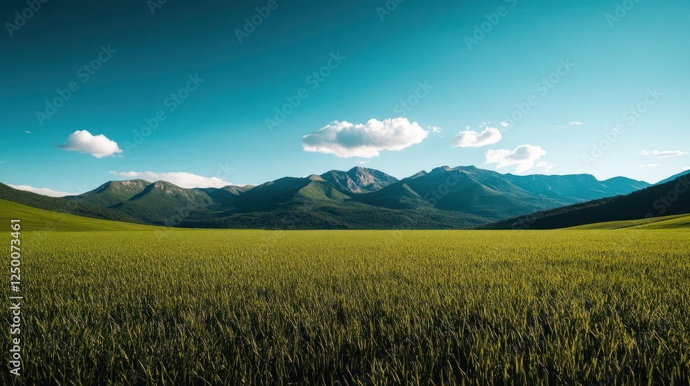 Fototapeta premium Mountain range view, green field, sunny day, landscape background, nature photography