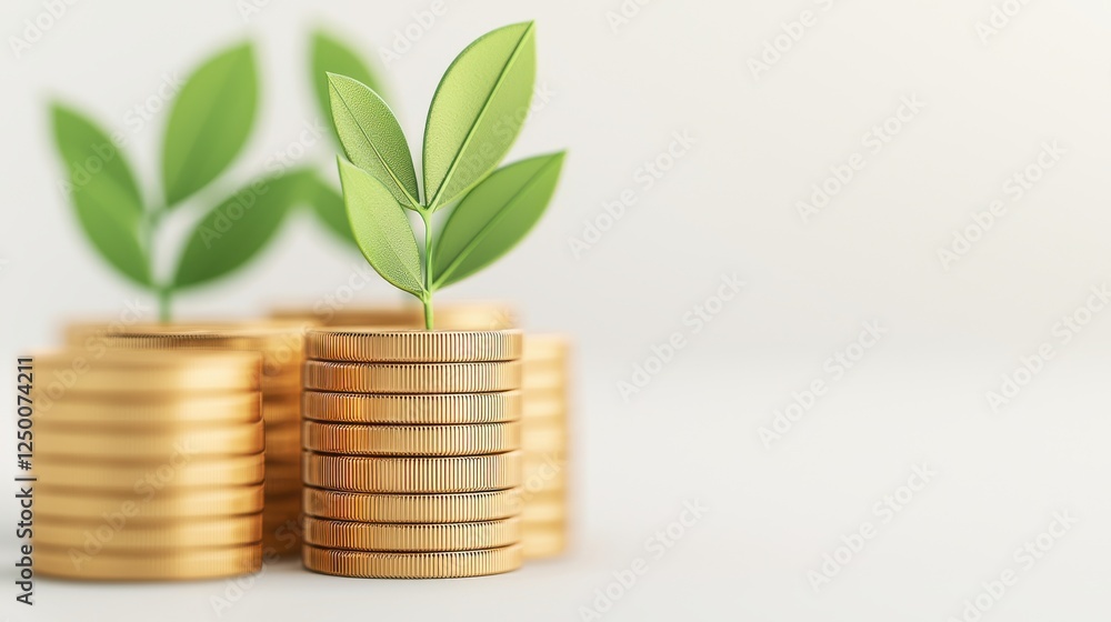 goals successful investor market concept. Green leaves sprouting from stacks of coins, symbolizing growth and investment. goals successful investor market concept. Green leaves sprouting from stacks of coins, symbolizing growth and investment.