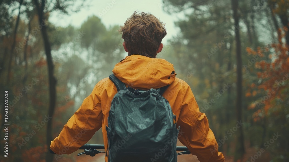 Rear view of cyclist in autumn forest. Rear view of cyclist in autumn forest.