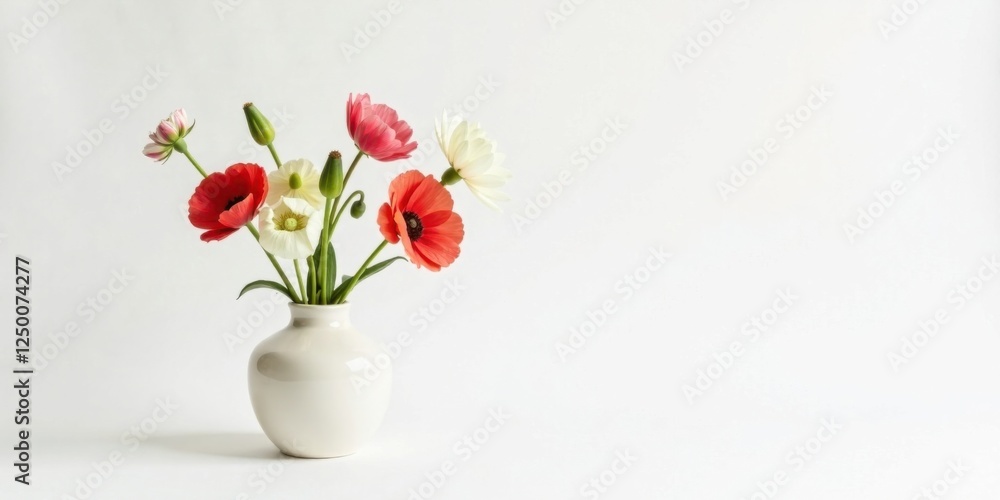 Fototapeta premium A vibrant bouquet of red and white blossoms arranged in a simple ceramic vase against a minimalist white backdrop