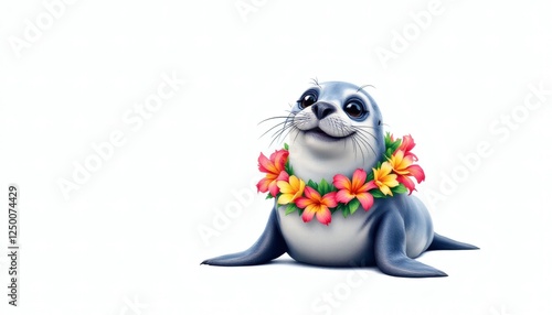 Charming Seal with Hawaiian Lei Poses on a Bright White Background photo