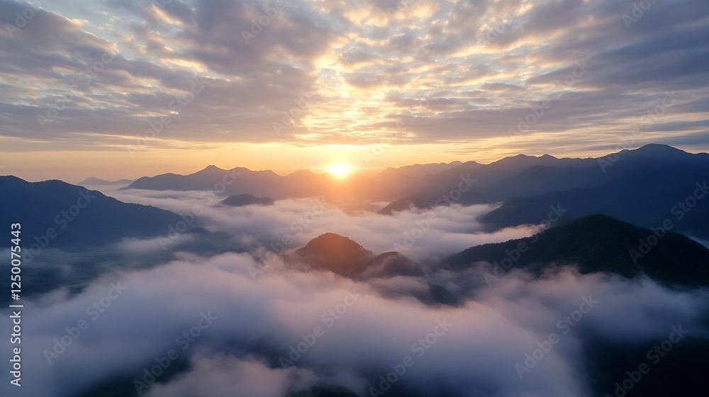 Obraz premium Stunning sunrise over misty mountain landscape creating a dramatic sky : Generative AI