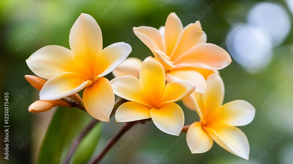 Stunning orange and yellow plumeria flowers with blurred green background for nature enthusiasts : Generative AI Stunning orange and yellow plumeria flowers with blurred green background for nature enthusiasts : Generative AI