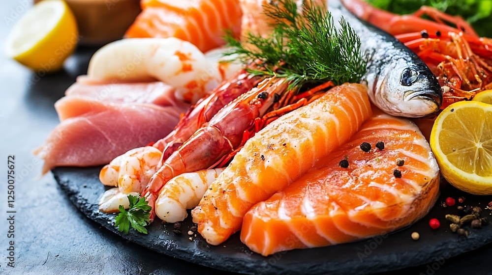 Delicious seafood platter featuring fresh fish and shrimp garnished with herbs : Generative AI Delicious seafood platter featuring fresh fish and shrimp garnished with herbs : Generative AI