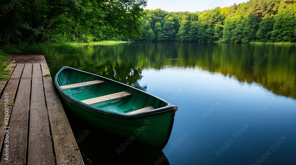 Tranquil Lake Scene with Green Boat and Lush Trees Reflected in Calm Water : Generative AI Tranquil Lake Scene with Green Boat and Lush Trees Reflected in Calm Water : Generative AI
