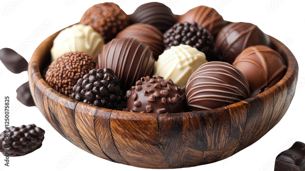 A beautifully arranged assortment of gourmet chocolate truffles displayed in a rustic wooden bowl, perfect for dessert lovers and special occasions. A beautifully arranged assortment of gourmet chocolate truffles displayed in a rustic wooden bowl, perfect for dessert lovers and special occasions.