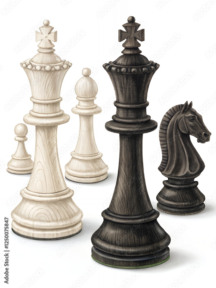 Strategic Chess Pieces King Queen Pawn Knight Close up Illustration Strategic Chess Pieces King Queen Pawn Knight Close up Illustration