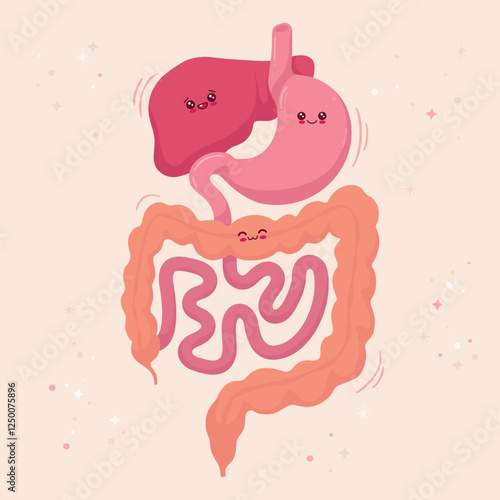 Illustration of the human digestive system, showcasing organs like the stomach, intestines, and liver in a detailed diagram