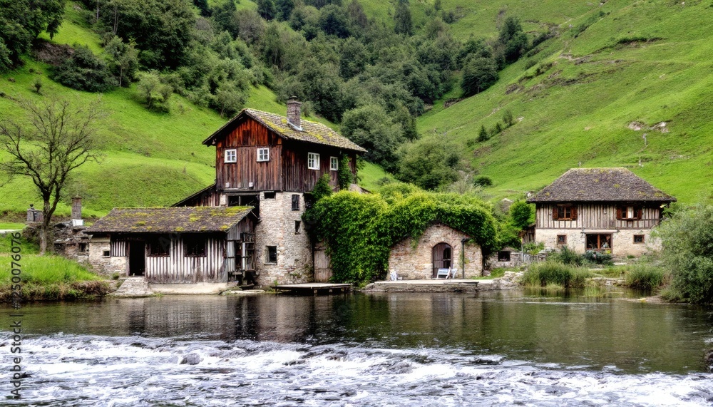 Charming Watermill Nestled by a Serene River in Lush Countryside Charming Watermill Nestled by a Serene River in Lush Countryside