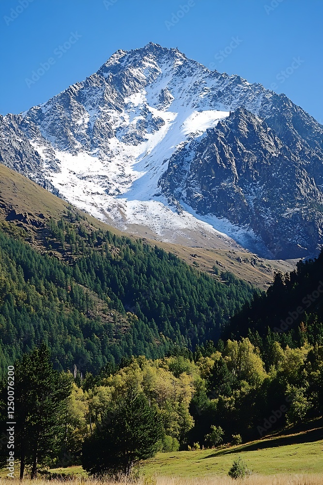 Majestic Snow-Capped Mountain Peak Surrounded by Lush Green Trees : Generative AI Majestic Snow-Capped Mountain Peak Surrounded by Lush Green Trees : Generative AI
