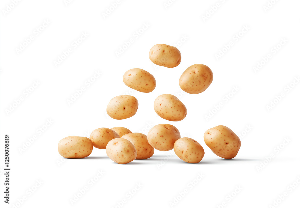 Obraz premium Falling potatoes isolated on a white background, photo-realistic rendering with studio lighting, high-resolution photography, stock photograph, professional color grading, clean, sharp focus, 
