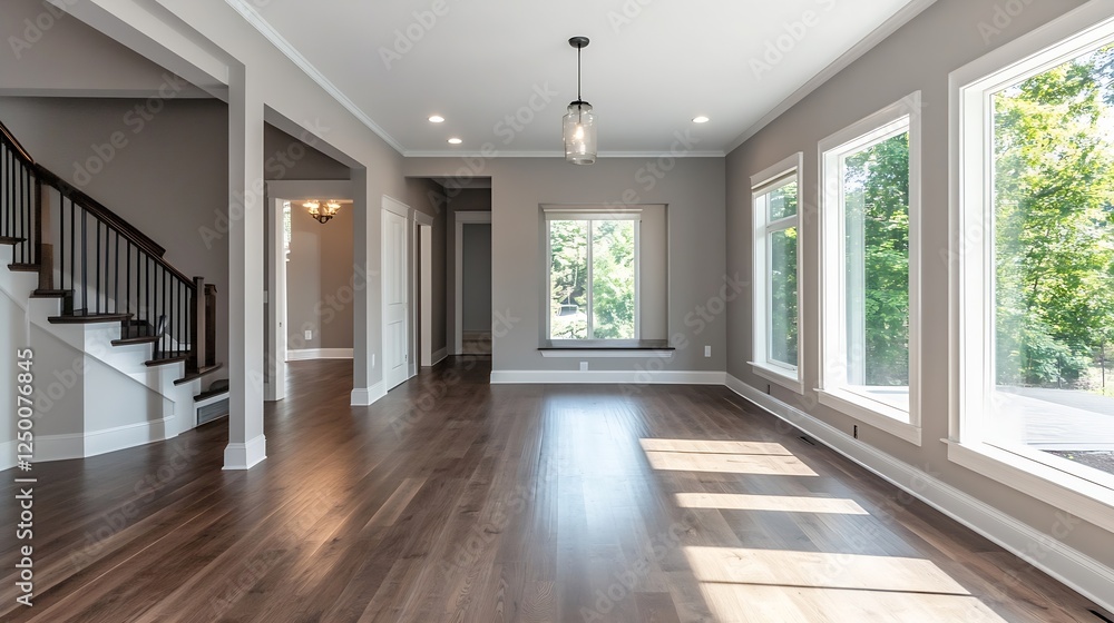 Fototapeta premium Bright and Spacious Living Room with Large Windows and Beautiful Wooden Floor : Generative AI