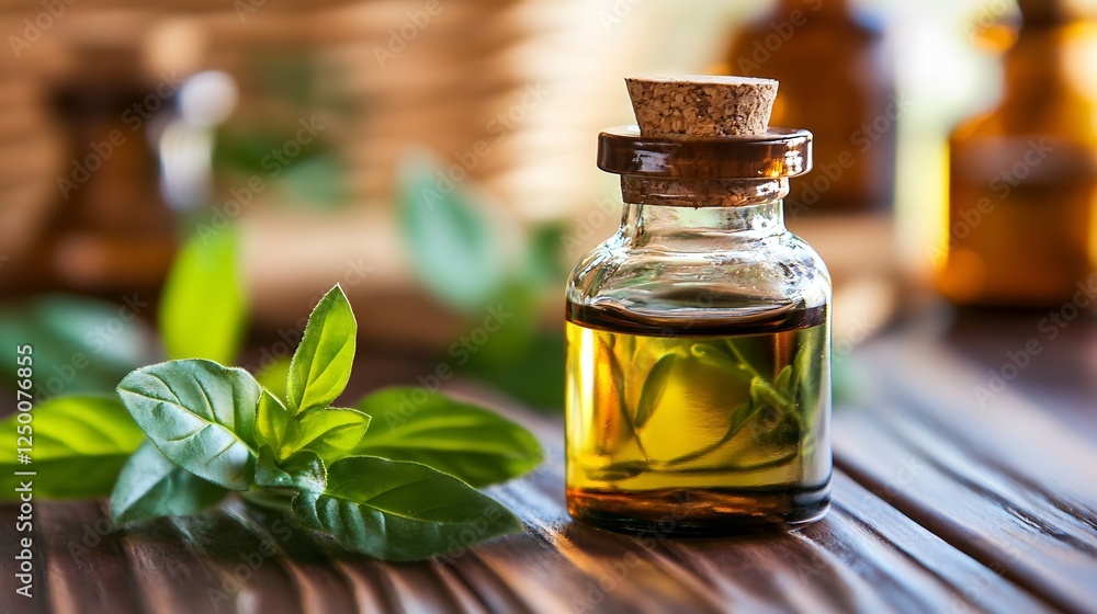 Elegant glass bottle filled with natural essential oil sitting on wooden surface surrounded by herbs : Generative AI Elegant glass bottle filled with natural essential oil sitting on wooden surface surrounded by herbs : Generative AI