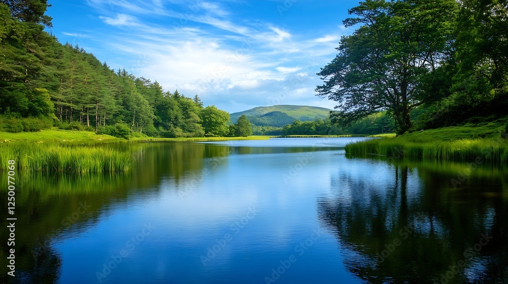 Fototapeta premium Serene Lake Surrounded by Lush Green Trees Under a Bright Blue Sky for Nature Enthusiasts : Generative AI