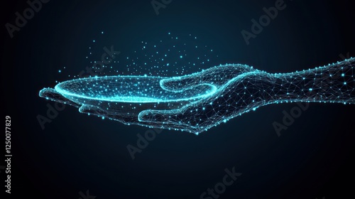 Glowing polygonal hands hold a digital bowl.