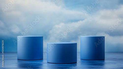 Blue Cylinders, Cloud Background, Product Display
