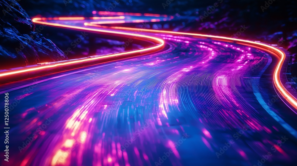 Neon Light Trails on Winding Road at Nighttime Neon Light Trails on Winding Road at Nighttime