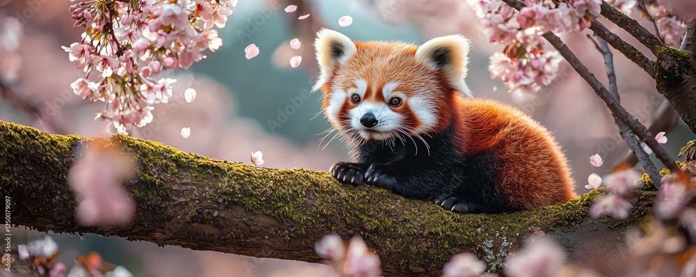 Adorable Red Panda Sitting on Tree Branch with Flowers Adorable Red Panda Sitting on Tree Branch with Flowers