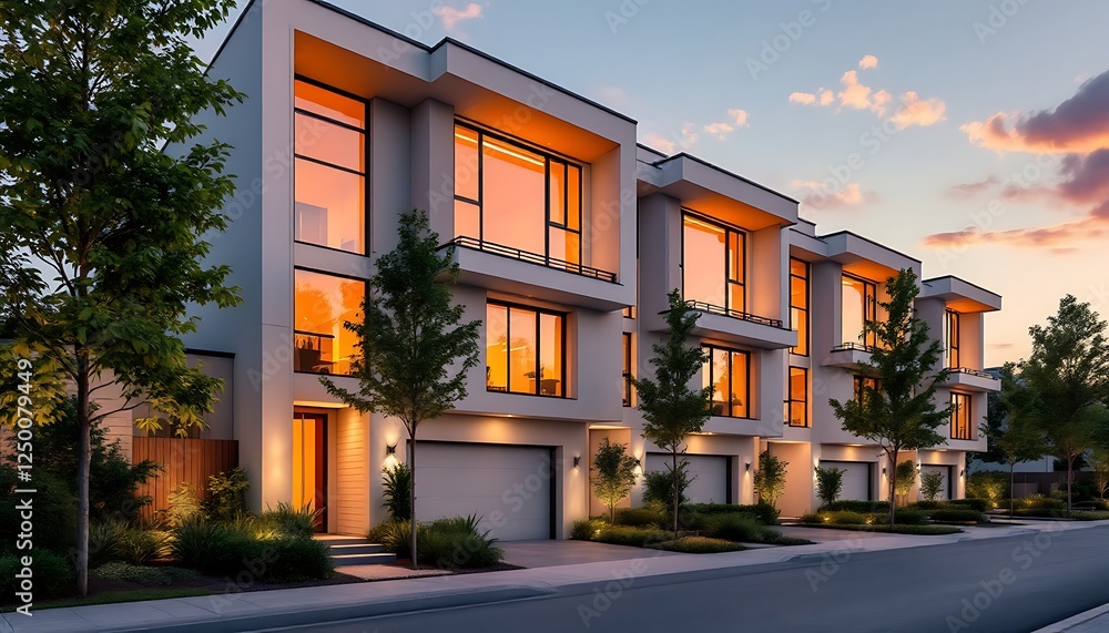Obraz premium Modern Townhouses: Sunset Glow, Architectural Elegance