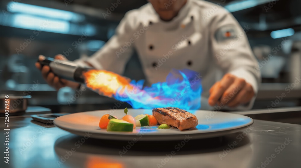 Chef torching dessert with golden glaze on white plate in kitchen Chef torching dessert with golden glaze on white plate in kitchen