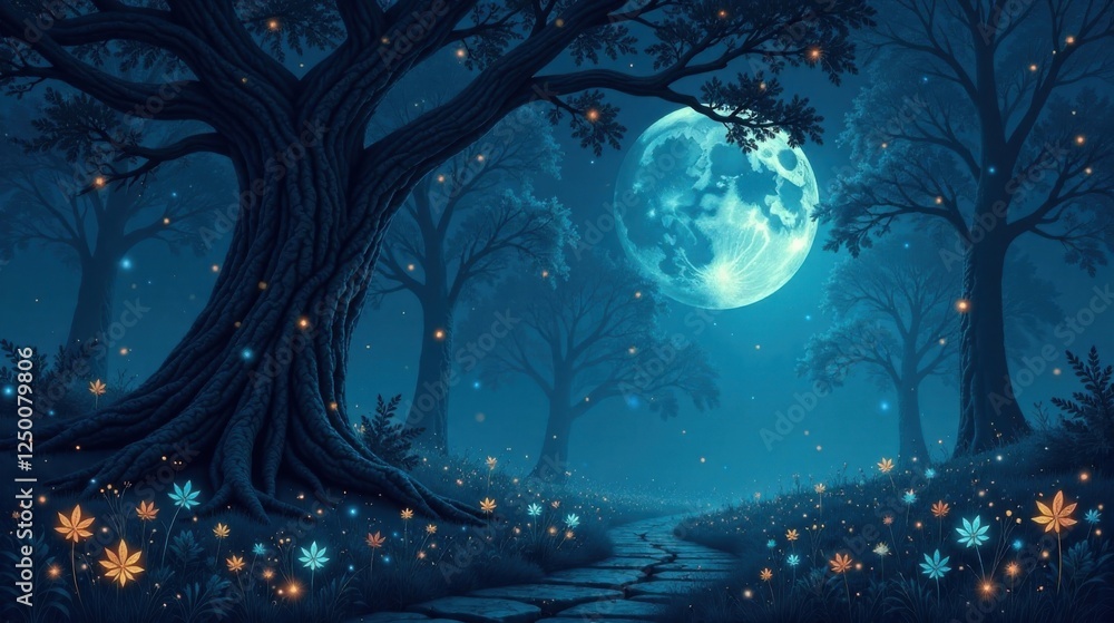 Fototapeta premium Enchanted Forest Path Under a Serene Night Sky with Glowing Flora and Ancient Trees
