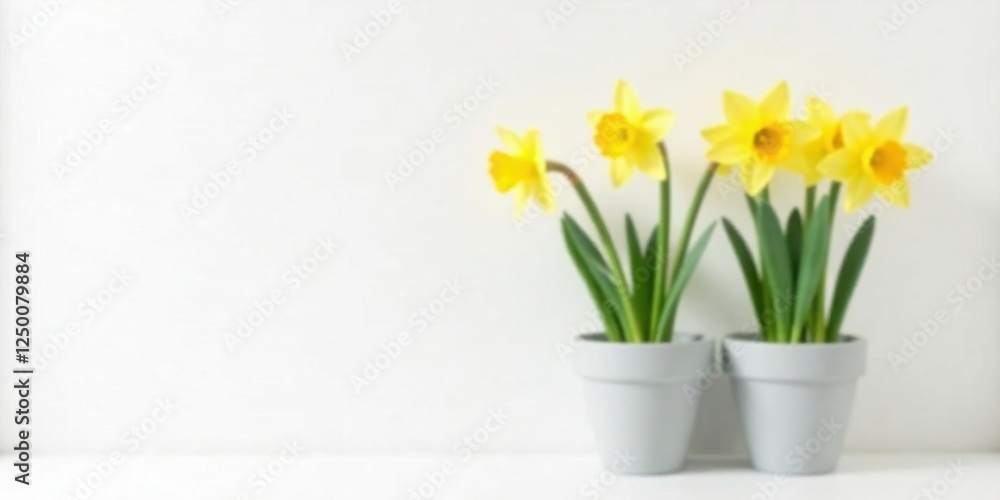 Bright Yellow Daffodils in Simple Gray Pots on White Background, Springtime Floral Still Life Photography Bright Yellow Daffodils in Simple Gray Pots on White Background, Springtime Floral Still Life Photography