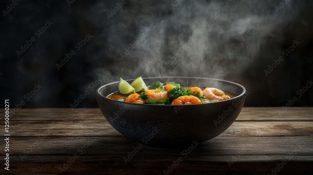 A steaming bowl of delicious Tom Yum soup filled with prawns, cilantro, and lime wedges, with aromatic steam rising from the bowl, placed on a rustic wooden table A steaming bowl of delicious Tom Yum soup filled with prawns, cilantro, and lime wedges, with aromatic steam rising from the bowl, placed on a rustic wooden table