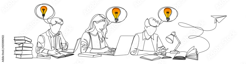 continuous single line drawing of a woman and a man having an idea, a speech bubble with a light bulb, and a drawn flying paper plane. Education linear symbol.line art vector illustration continuous single line drawing of a woman and a man having an idea, a speech bubble with a light bulb, and a drawn flying paper plane. Education linear symbol.line art vector illustration